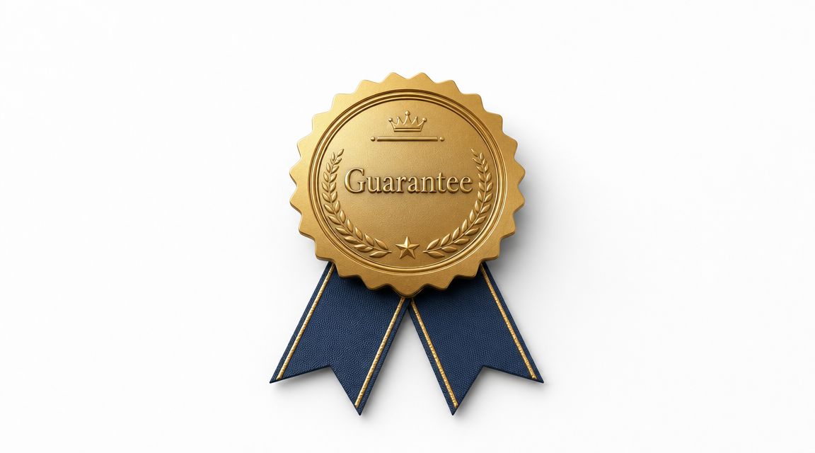 A golden badge with the word Guarantee, featuring a crown icon and blue ribbons on a white background.