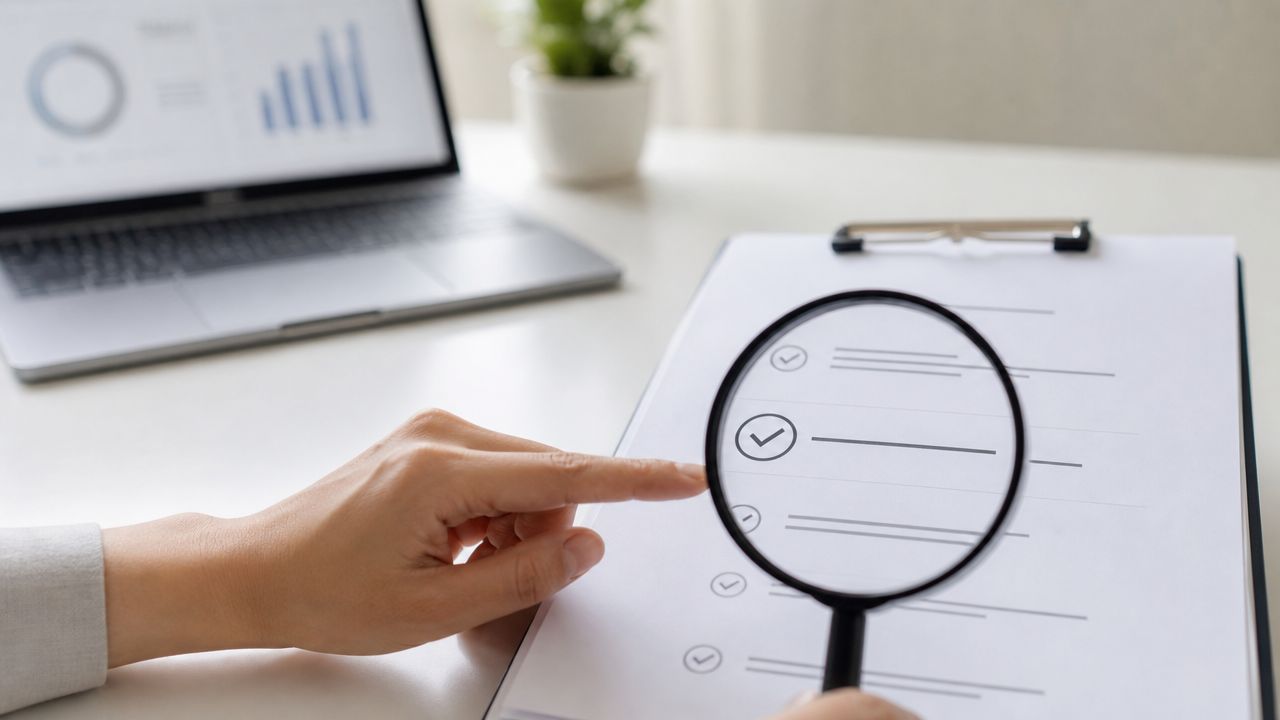 A professional analyzing a document with a magnifying glass to ensure accuracy on a checklist.