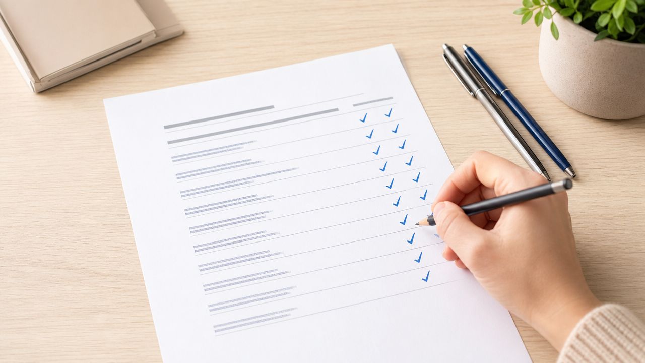 A hand holding a pencil checking off items on a structured document list on a desk.