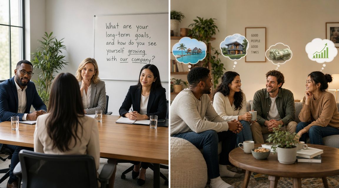 A split image showing a professional job interview on the left and friends talking about goals on the right.