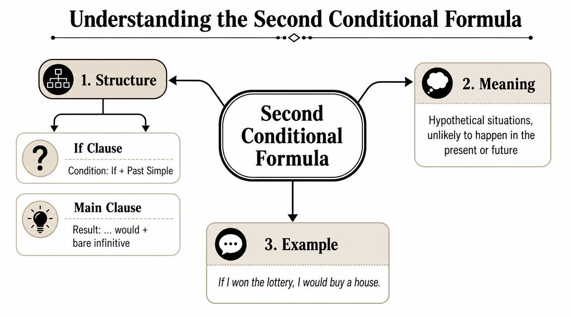 An educational infographic explaining the structure, meaning, and examples of second conditional sentences in English grammar.