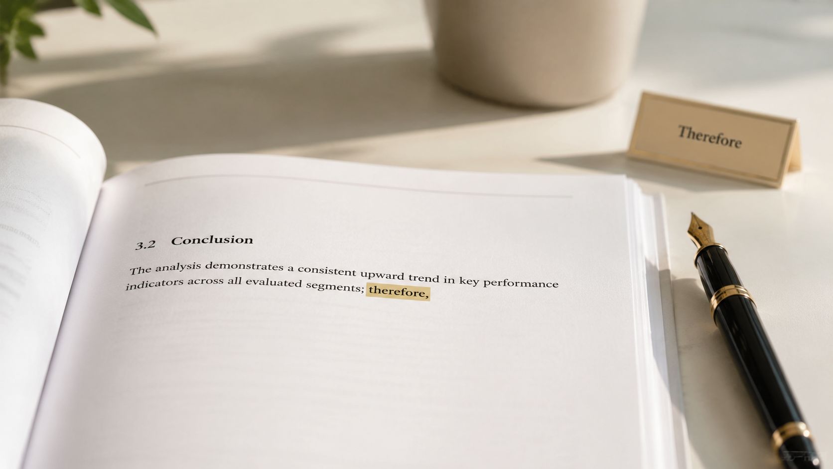 A book page open to a conclusion section with a highlighted word next to a fountain pen.