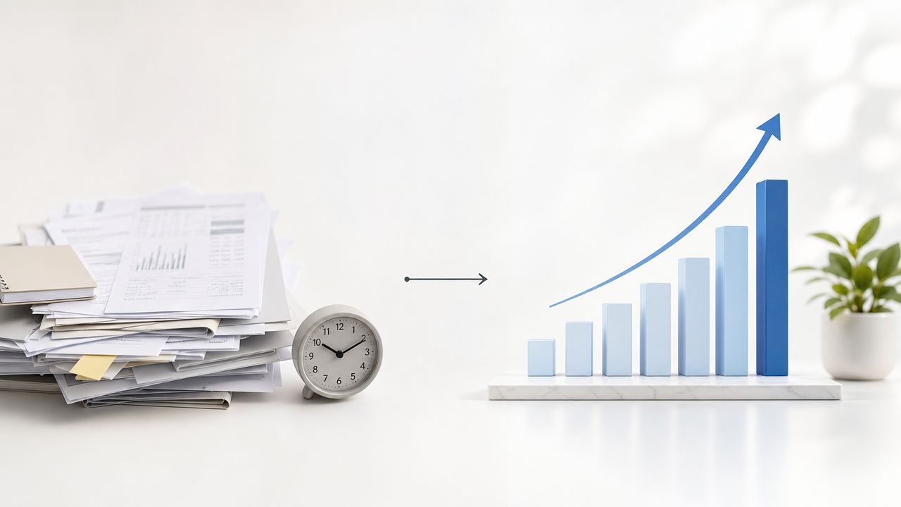A stack of documents and a clock transforming into an upward-trending bar graph representing business growth.