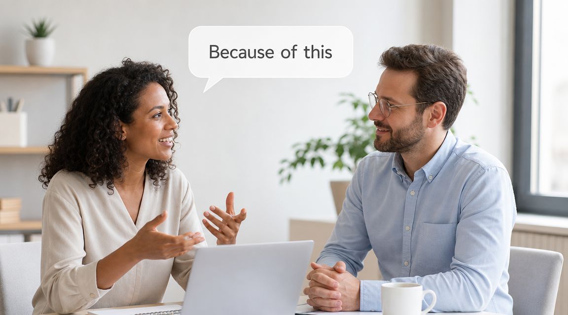 A professional woman and a man discussing work with a speech bubble saying Because of this.