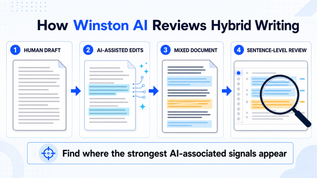Winston AI helps reviewers locate AI-associated signals within mixed human and AI-assisted writing.